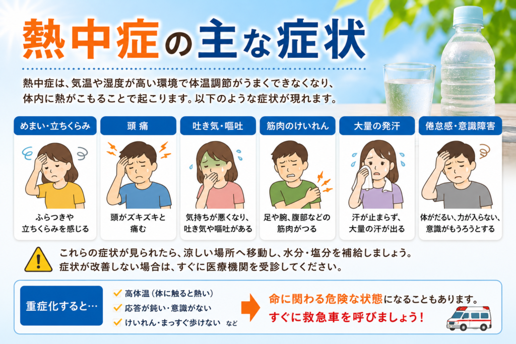 熱中症の主な症状を解説するイラスト。めまい、頭痛、吐き気、筋肉のけいれん、大量の発汗、倦怠感などの症状と対処法を紹介