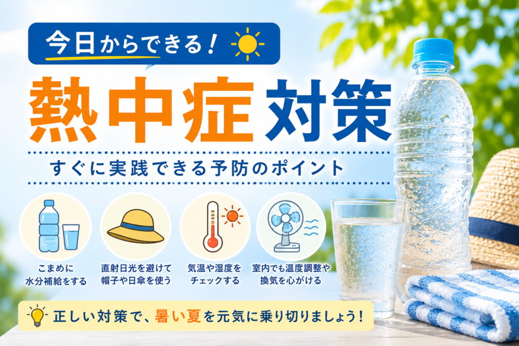 今日からできる熱中症対策を紹介するイメージ画像。こまめな水分補給、帽子や日傘の活用、室温管理など熱中症予防のポイントを解説。