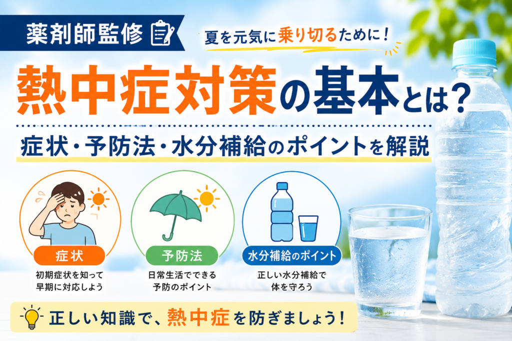 薬剤師監修による熱中症対策の基本を解説するアイキャッチ画像。熱中症の症状・予防法・水分補給のポイントを紹介。