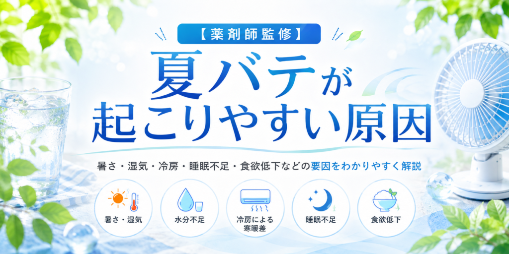 夏バテが起こりやすい原因として、暑さや湿気、水分不足、冷房による寒暖差、睡眠不足、食欲低下を解説する画像