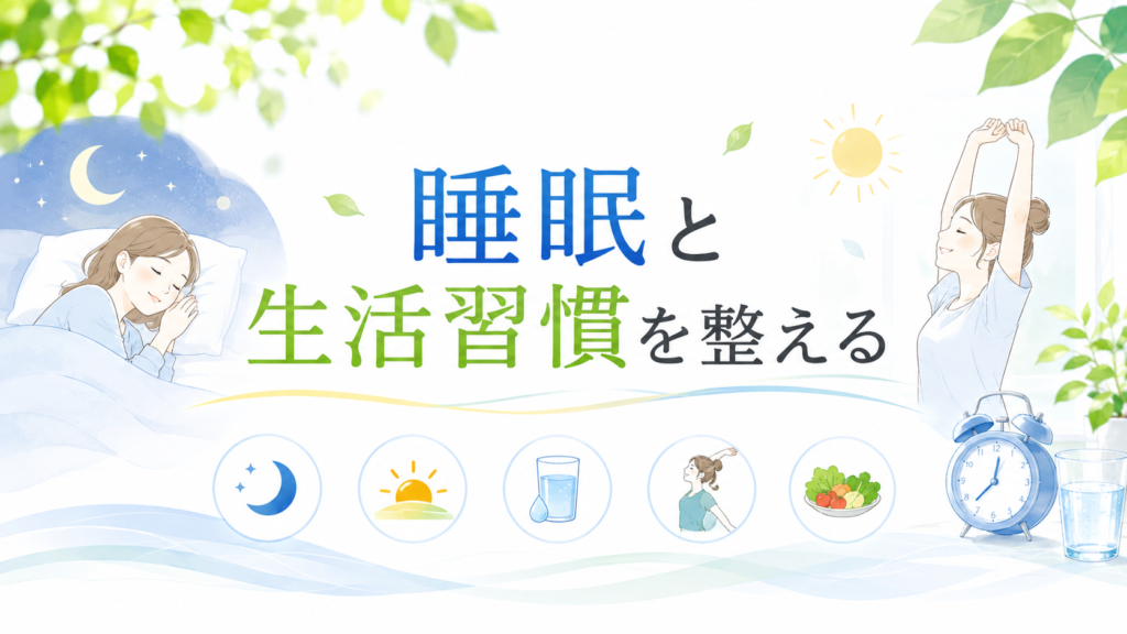 夏バテ対策として、十分な睡眠、規則正しい生活習慣、水分補給、適度な運動を意識するポイントを紹介する画像