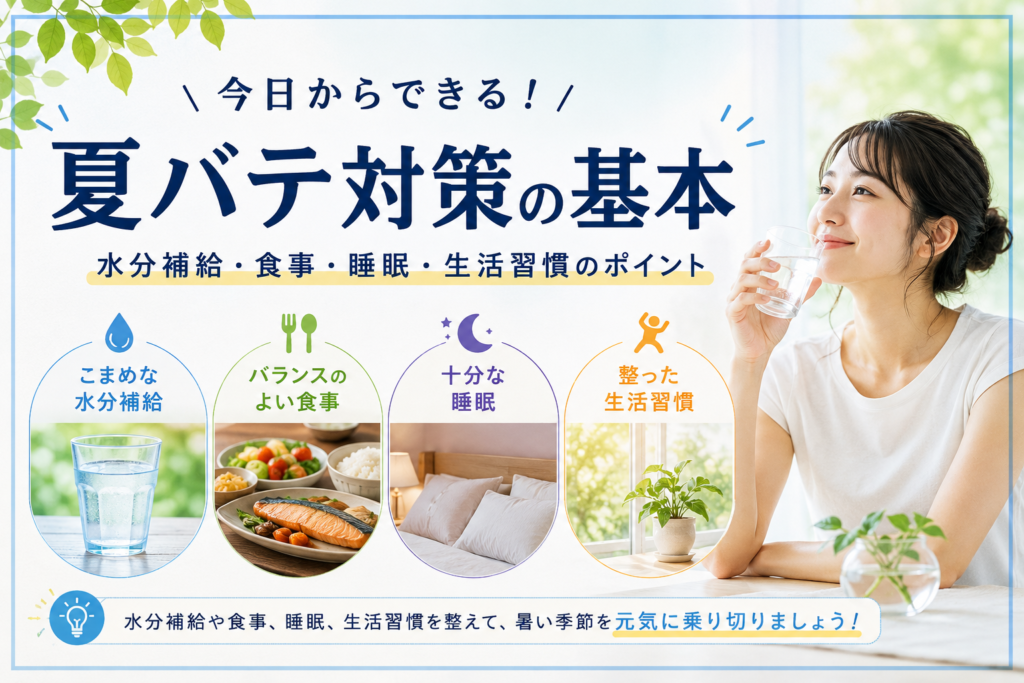 夏バテ対策の基本として、こまめな水分補給、バランスのよい食事、十分な睡眠、生活習慣を整えるポイントを紹介する画像